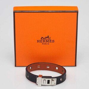 Hermes Black Leather Palladium Plated Mini Dog Bracelet Size T2